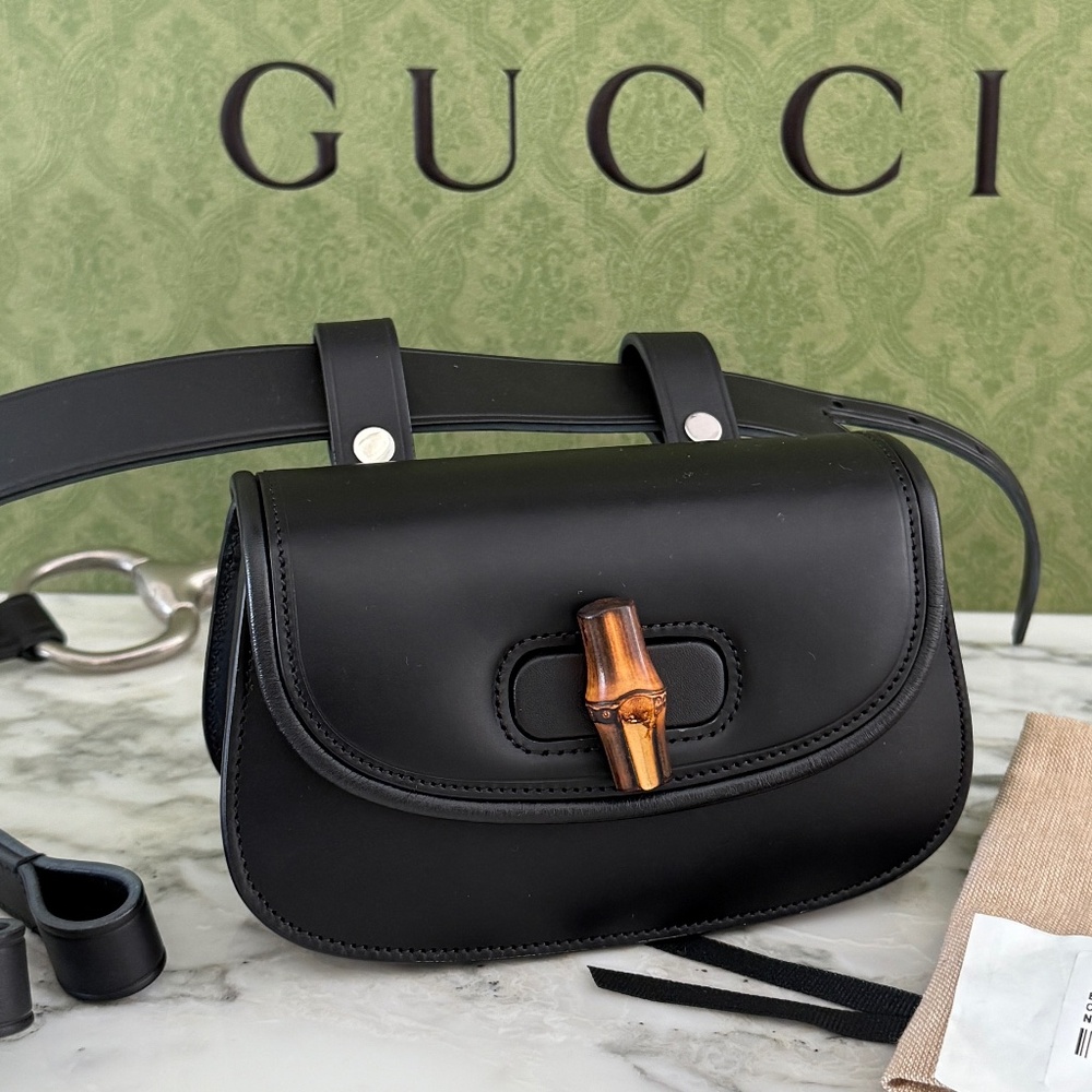 GUCCI 681137 Bamboo 1947 Black Leather Belt bag with large horse bit belt